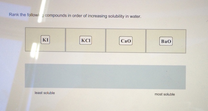 Solubility water compounds increasing order soluble rank following cao kcl ki bao most chemistry least answers questions